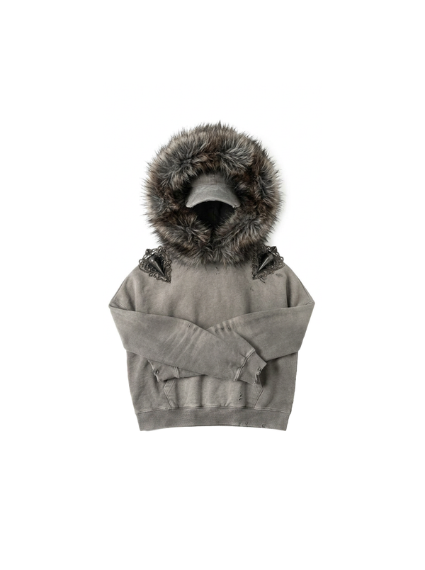 Detachable Fur Cape hoodie [Stone]