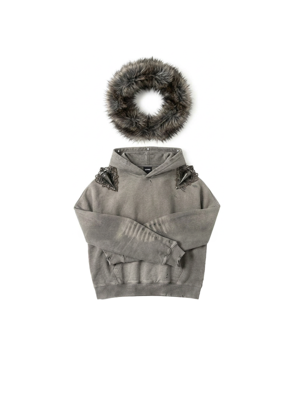 Detachable Fur Cape hoodie [Stone]